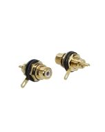 RCA chassisdeel, female, goud, metaal lacker zwarte ring, gouden contacten, 2 stuks