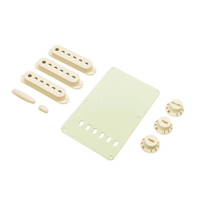Fender Genuine Replacement Part strat accessory kit contains pot knobs switch tip backplate pickup covers aged white 