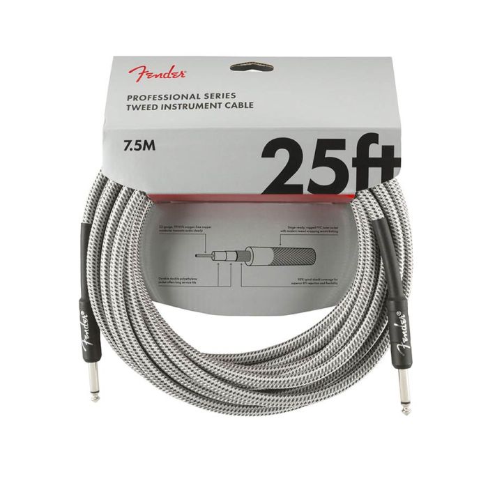 Fender Professional Tweed instrument cable, 25ft, white tweed