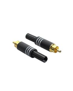 RCA plug, male, zwart, metaal, 2 stuks, zwarte ring, veer 6,2 mm
