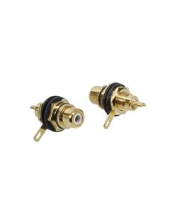 RCA chassisdeel, female, goud, metaal lacker zwarte ring, gouden contacten, 2 stuks