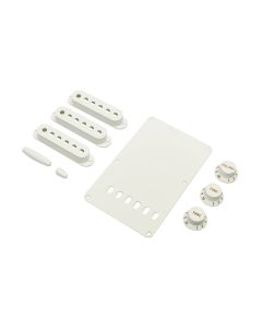 Fender Genuine Replacement Part strat accessory kit contains pot knobs switch tip backplate pickup covers white 