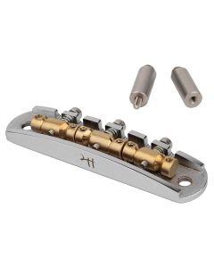 Halon offset guitar bridge, metric posts, chrome gloss 1060 steel bridge plate, satin raw MS-58 brass saddles