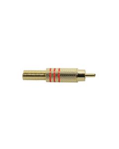 RCA plug, male, goudlak, metaal, 2 stuks rode ring, veer 6,2 mm, gouden contacten